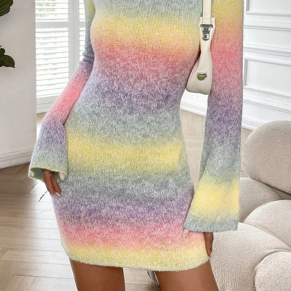 Multicolor Casual Womens Ombre Backless Flounce Sleeve Sweater Dress - Picture 5 of 5